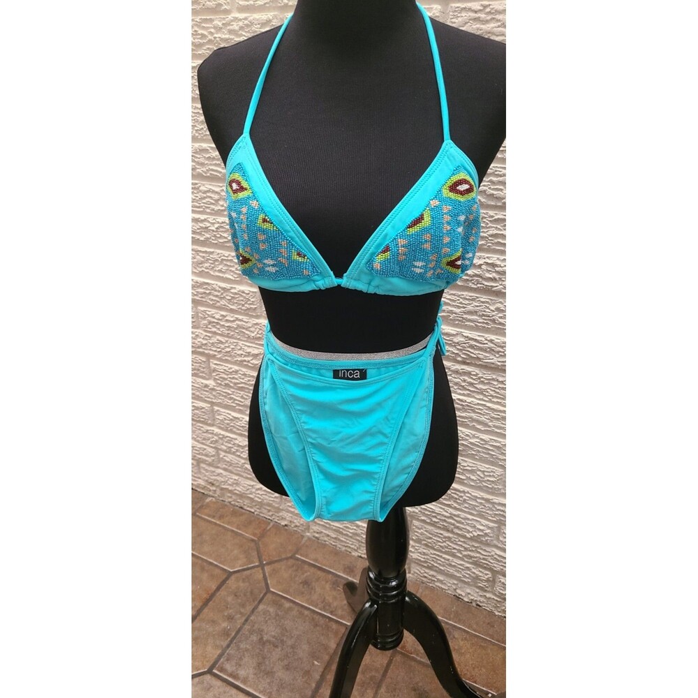 Inca Womens  Beaded tourquise  2 Piece  Swim Suit Bikini Swim Set euc Medium